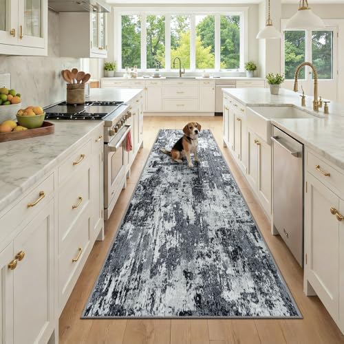 RELEANY Washable Runner 3'x9' Abstract Area Rug for Hallway Black White by RELEANY