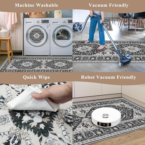 3-Piece Non-Slip Machine Washable Kitchen Rug Set with Runner – Soft Low Pile Thin Boho Kitchen Rugs for Hardwood Floor, Sink & Entryway, Pet-Friendly (Dark Grey, 2x3,2x4,2x5) - Image 7