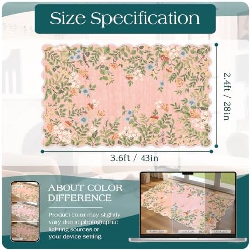 Front Door Mat Outside Entrance, 28"x43" Pink Floral Scalloped Rug - Image 2