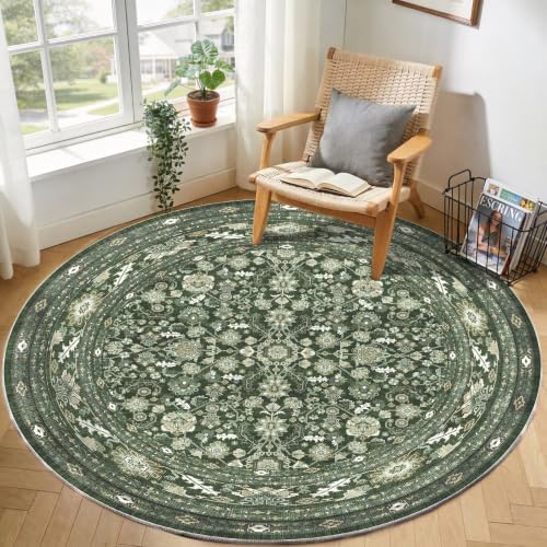 OPPODREAM Vintage Dark Green Area Rugs 5' Round, Washable Rug for Living Room by OPPODREAM