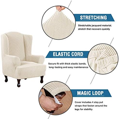H.VERSAILTEX Wing Chair Slipcover Chair Covers for Wingback Chairs Wingback Chair Covers Slipcovers 1 Piece Stretch Sofa Cover Furniture Protector Soft Spandex Jacquard Checked Pattern, Natural - Image 3
