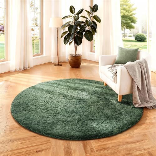 Ophanie Round Rug 4Ft Grey Green Circle Area Rug, Grayish Green Room Decor, Fluffy Fuzzy Bedroom Carpet, Plush Soft Shaggy Living Room Rugs for Kids Home Aesthetic, Nursery with 99 pcs Pile fibers by Ophanie