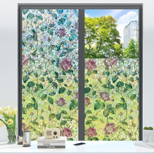 Retro Flowers Window Privacy Film, Magnolia Stained Glass Decorative Window Film for Glass, Rainbow Stained Window Cling Sticker Floral Removable Static Cling for Window (1, Roses, 17x78.7in) by Unknown