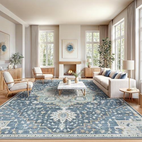 AMADA HOMEFURNISHING 10x14 Washable Area Rug, Low-Profile Large Area Rug with Non-Slip Backing & Durable Edge Binding, Vintage Large Rugs for Living Room, Bedroom & Dining Room by AMADAHOMEFURNISHING