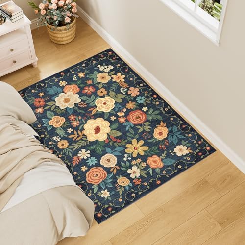 DUKINO 3x4 Area Rug, Floral Washable Rug for Kitchen Non Slip, Navy Blue by DUKINO