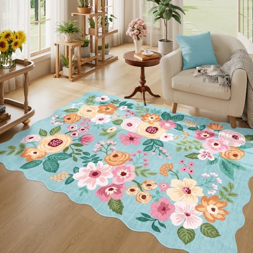 DUKINO 4x6 Area Rug, Non Slip Floral Washable Rug for Living Room, Teal - Image 3