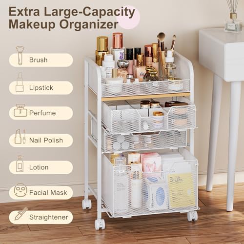Hongtamoya Makeup Organizer Cart with Drawers, Floor Skincare Organizers Make Up Organizers Vanity Organizer Cosmetic Display Cases Holder for Skin Care Perfume Nail Polish Brush Hair Tool, White - Image 6