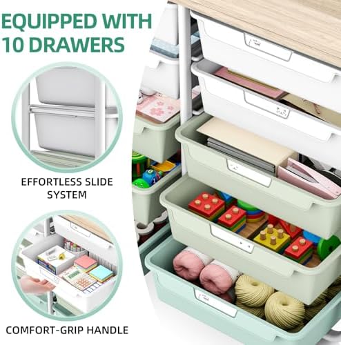 10 Drawer Rolling Storage Cart with Wood Top for Classroom Crafts Green - Image 4