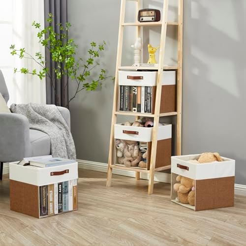 Bagnizer Storage Cubes, 4 Pack Linen Foldable Storage Bins (13 x 13 inch) with Clear Window and Handles, Fabric Organizer for Shelf Closet, Clothes, Books - (Brown and White) - Image 6