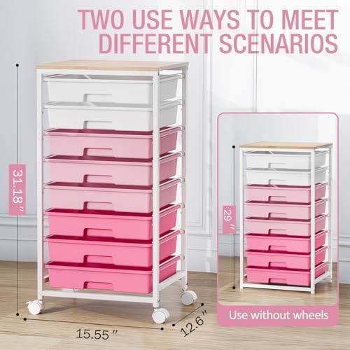 TOOLF Rolling Storage Cart with 8 Drawers,Rose Pink - Image 3
