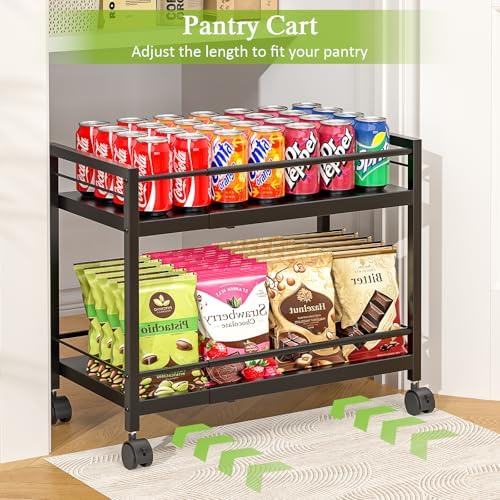 1 Pack 2-Tier Expandable Pantry Floor Organizer Cart, Rolling Pantry Storage Cart with Wheel, Adjustable Can Organizer for Kitchen Pantry, Pantry Shelves and Storage Rack for Snacks, Vegetables, Black - Image 3
