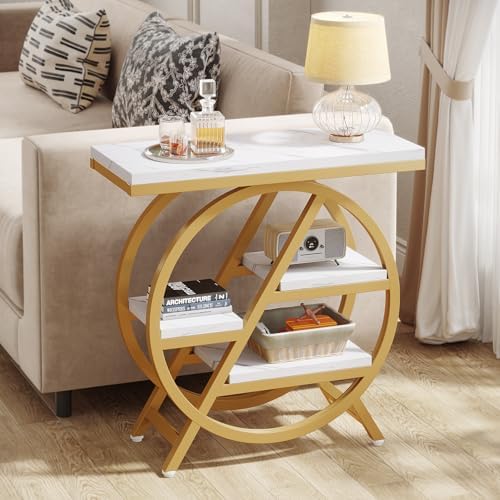 Tribesigns End Table Set of 2, Modern Faux Marble Side Table for Living Room, 3 Tier Narrow Sofa Side Table with Storage and Metal Frame, Nightstand and Bedside Table for Bedroom, Gold & White - Image 5