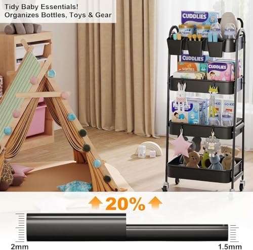 Black 4 Tier Rolling Cart Metal with Lockable Wheels, Four Tiered,38in Tall - Image 5