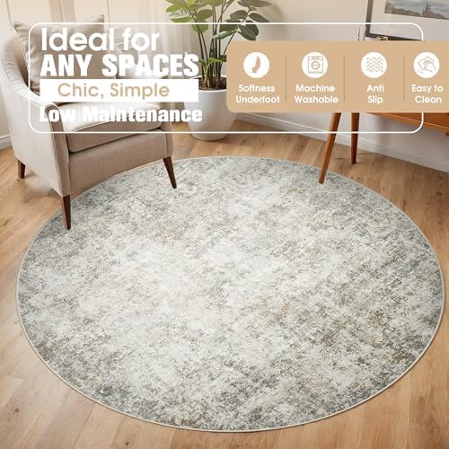 Aelenmu Round Rug 6ft Washable Rug for Dining Room Living Room Beige Brown - Image 3