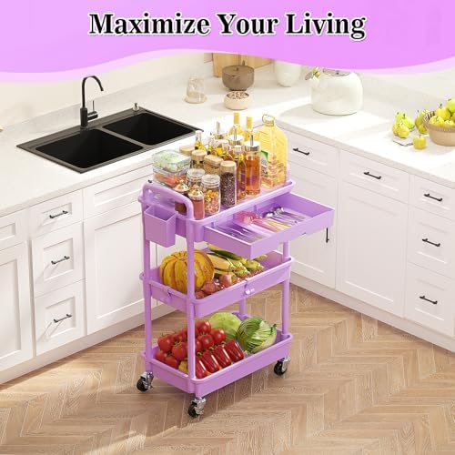 SUNALLY 3 Tier Rolling Cart with Drawer,Craft Storage Cart Organizer,Purple - Image 2
