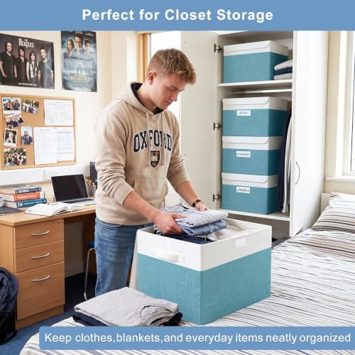 Large 17" 42 Quarts Collapsible Stackable Storage Bins with Lids [3-Pack] Foldable Fabric Linen Storage Boxes Cube, Closet Organizer Baskets with Label for Home (16.7 x 12 x 12", Teal & White) - Image 3