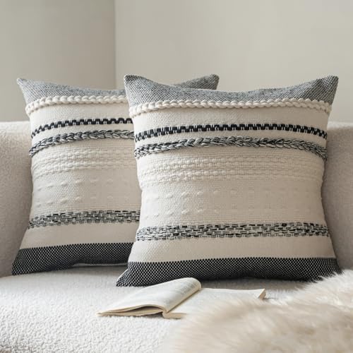 Cethom Boho Throw Pillow Covers 20x20 Inch Set of 2, Black Textured Decorative Couch Pillow Cases for Farmhouse Home Decor, Accent Cushion Cover for Sofa, Bed, Living Room, Bedroom by Cethom
