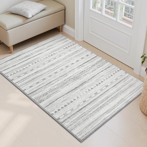 Small Area Rug-2x3 Entryway Rug Non Slip Washable Low Pile Indoor Door Mat Neutral Distressed Boho Moroccan Entrance Rugs Carpet for Bedroom Kitchen Powder Room Front Porch Bathroom, Grey by Tchdio