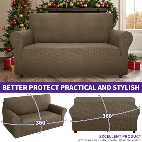 ZNSAYOTX Super Stretch Couch Cover Love Seat Sofa Covers for Living Room Dogs Pet Friendly Furniture Protector Spandex Loveseat Slipcovers with Anti Slip Foam Sticks (Brown, Loveseat) - Image 2