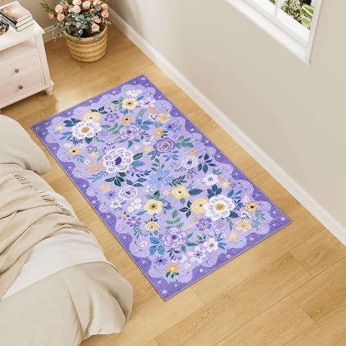 DUKINO 2x4 Entryway Rug, Floral Washable Kitchen Rugs Non Slip, Purple - Image 3