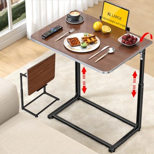 Extra Large Heavy Duty TV Tray Table, 23.6" Folding C-Shaped Laptop Desk for Couch & Bed, Height & Tilt Adjustable Overbed End Table with Phone/Tablet Slot, Easy Clean Walnut Finish for Small Spaces by Dataroad+Selead