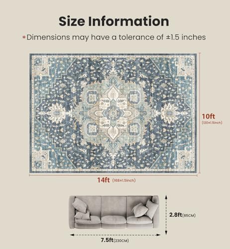 AMADA HOMEFURNISHING 10x14 Washable Area Rug, Low-Profile Large Area Rug with Non-Slip Backing & Durable Edge Binding, Vintage Large Rugs for Living Room, Bedroom & Dining Room - Image 2
