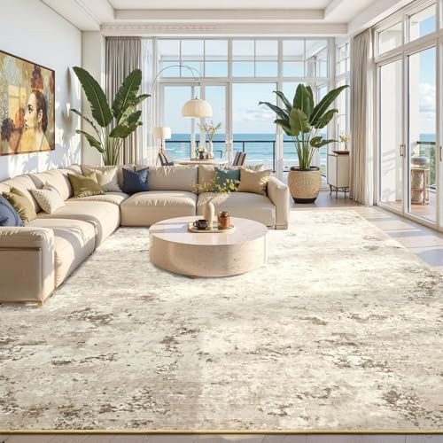 Toneed Washable 6x9 Beige Area Rug with Non-Slip Backing for Living Room by Toneed