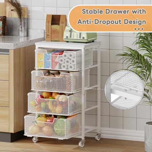 4-Tier Kitchen Storage Cart - Fruit Vegetable Storage Cart with Drawers, Wooden Top Metal Wire Kitchen Organizer and Storage Cart with Wheels to Storage Onions Potatoes Cans Snacks for Kitchen - Image 3