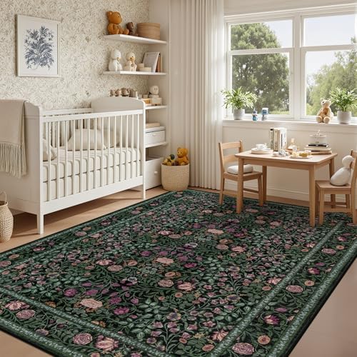 6x9 Area Rug Living Room: Soft Floral Washable Boho Carpet Green - Image 4