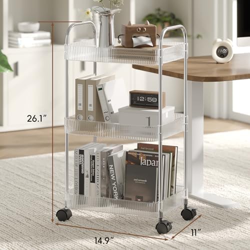 STARLATTA 3 Tier Rolling Cart with Lockable Wheels, Clear Acrylic Utility Trolley with Handle, Heavy-Duty Storage Organizer for Kitchen Bathroom Nursery Laundry - Snack Book Craft Organizer (Clear) - Image 3