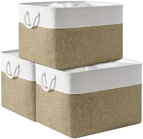 TheWarmHome Organization Basket - 20x16x14 inch Jumbo 3 Pack Collapsible Storage Bins for Shelves, Fabric Storage Cubes for Closet Organizer Gift Toy (White & Khaki) by TheWarmHome