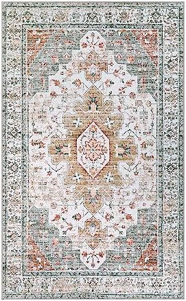 Moynesa Ultra-Thin Washable Area Rug - 3x5 Entryway Rug Washable Bedroom Rug Non Slip Front Door Mat, Vintage Medallion Printed Indoor Carpet for Living Laundry Bathroom Vanity Foyer, Beige/Gold - Image 3