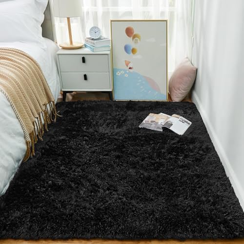 Ophanie 3x5 Black Rugs for College Dorm, Bedroom Small Area Rug, Non-Slip Fluffy Shaggy Bedside Soft Shag Fuzzy Plush Carpet for Kids Boys Teen Decor Aesthetic, Nursery with Over 99 pcs Pile fibers by Ophanie