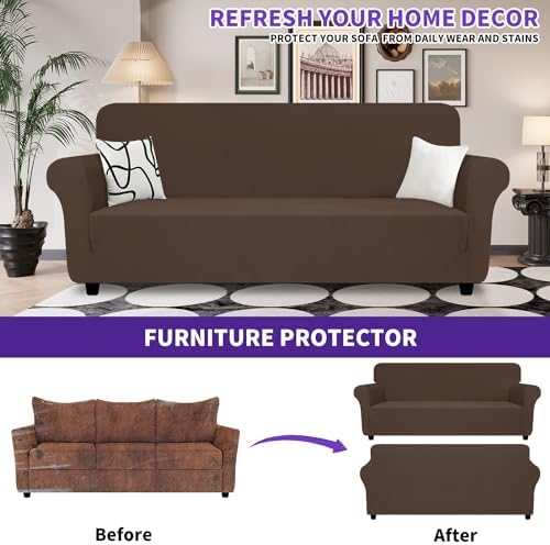 ZNSAYOTX Super Stretch Sofa Cover (72"-92"), New Striped Sofa Covers Fitted Slipcovers with Elastic Bottom, Dog Cat Pets Proof Spandex Washable Fabric Comfortable & Durable (Coffee, Sofa) - Image 2