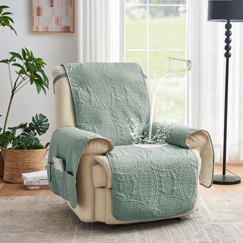 Quilted Recliner Covers, Water-Repellent Recliner Slipcovers, Recliner Covers Stay in Place, Pet Friendly Recliner Cover for Dogs, Washable Chair Protector (Recliner 22", Sage Blue) - Image 2