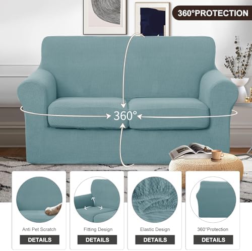 U-NICE HOME 3 Pieces Stretch Loveseat Couch Cover, Light Blue - Image 4