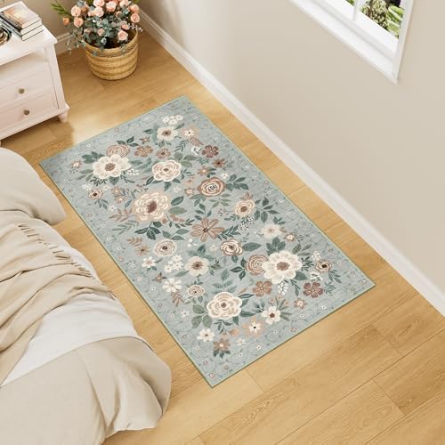 DUKINO 2x4 Entryway Rug, Floral Washable Kitchen Rugs Non Slip, Sage Green - Image 3