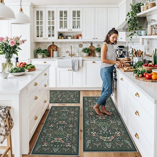 3 Piece Kitchen Rug Set, Washable Non-Slip Kitchen Mats for Hardwood Floor, Boho Farmhouse Kitchen Runner Rug for Sink,Entryway & Hallway & Bathroom (Dark Green, 2x3+2x4+2x5) - Image 3
