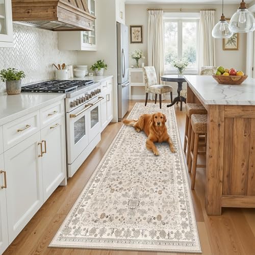 3x10ft Hallway Runner Rug Non-Slip Washable – Soft Long Carpet Runner for Kitchen Indoor Entryway,Boho Floral Low Pile Thin Wide Rug Runner with Rubber Backing (Beige,3x10) - Image 3
