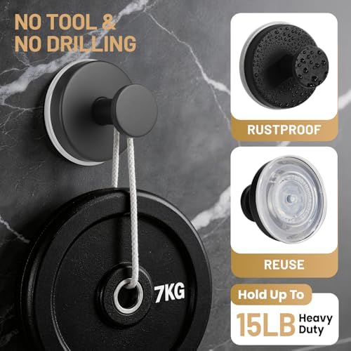 Large Suction Cup Hooks, Heavy Duty 15lb Holds Towel & Robe, No-Drill Shower Bathroom Hooks for Tile Wall Glass Mirror, Mounts on Smooth Non-Porous Surfaces (2 Pack, Matte Black) - Image 2