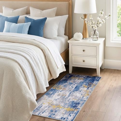 RELEANY Washable 2'x5' Abstract Area Rug for Living Room Blue Gold - Image 3