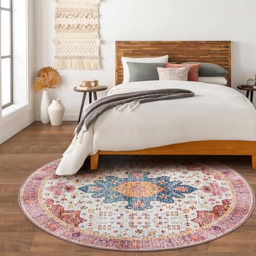 Moynesa Ultra-Thin Washable Round Rug - 6ft Pink Large Living Room Circle Area Rugs, Vintage Dining Room Mat Stain Resistant Nursery Carpet for Bedroom Mudroom Kitchen Apartment Home Office - Image 3