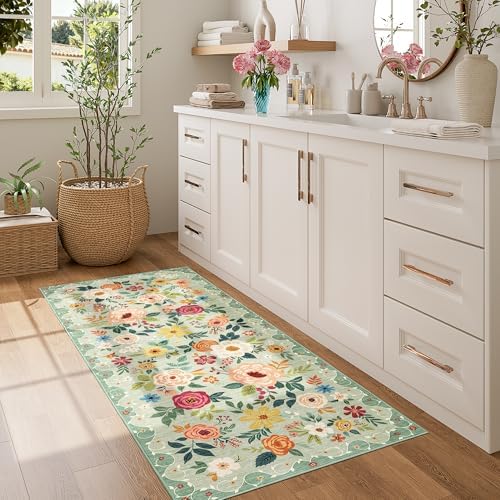 DUKINO 2x5 Runner Rug, Floral Washable Rug for Kitchen Non Slip, Green - Image 3