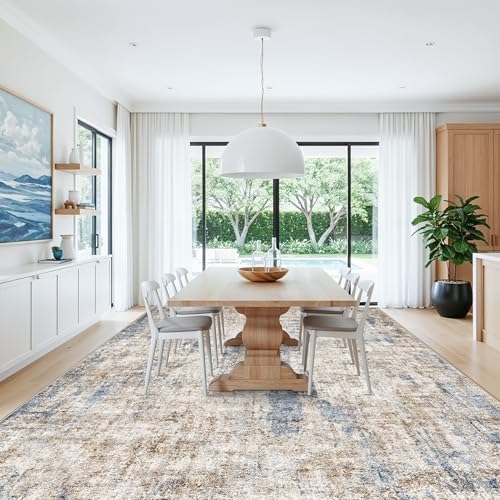 10x14 Large Rug Living Room – Washable Neutral Modern Abstract Rug for Bedroom Dining Room Home Office – Soft Thin Low Pile Non-Slip Big Carpet (Blue Brown) - Image 3