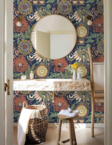 HAOKHOME Navy Orange Floral Peel and Stick Wallpaper Bathroom Boho Vintage | Renter Friendly Removable Self Adhesive Textured Wall Paper Olive Botanical Bedroom Kitchen Accent Wall Decor 17.3in x 9.8ft - Image 2
