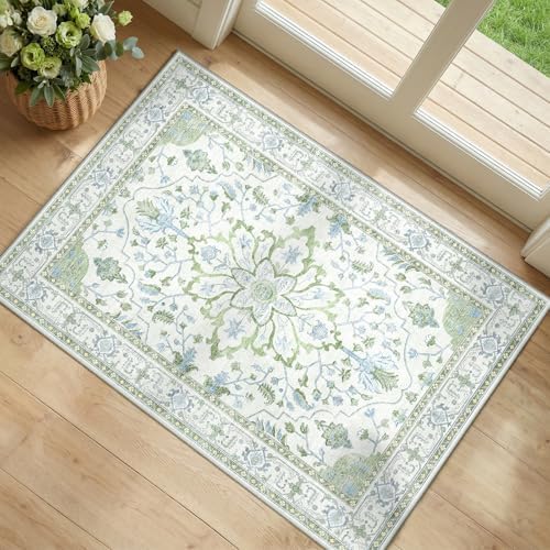 RELEANY Washable Area Rug, Small 2'x3', Green/White/Blue by RELEANY