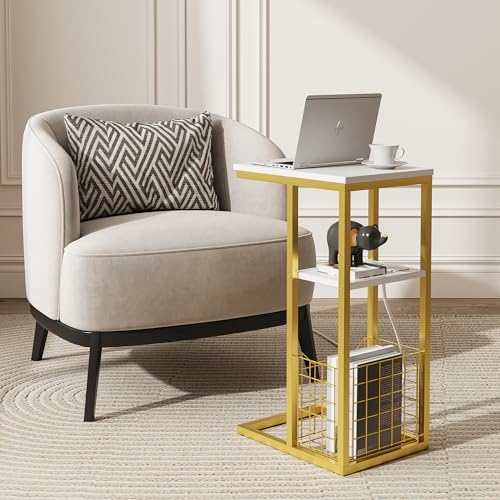 Vagusicc C Shaped End Table with Charging Station, Side Table for Couch, Small Side End Table for Small Spaces, 28" High Slide Under Sofa Table for Coffee, Tv Tray Table for Living Room, Golden - Image 7