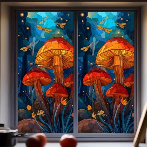 Decorative Scenic Frosted Window Film, Stained Glass Style Privacy Film, UV-Resistant Static Cling Film Suitable for Bathroom and Kitchen Glass (Mushroom, 17.51x39.37 inches) - Image 2