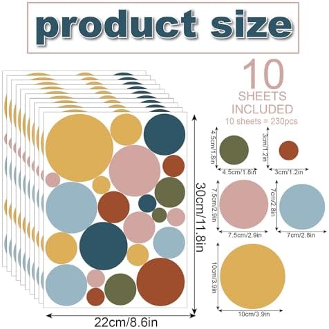 230 PCS Boho Polka Dot in Retro Warm Earth Tones Vinyl Wall Decals Set | 10 sheets removable waterproof peel & stick circle wall stickers for nursery, kids room, bedroom, playroom & home decor - Image 2