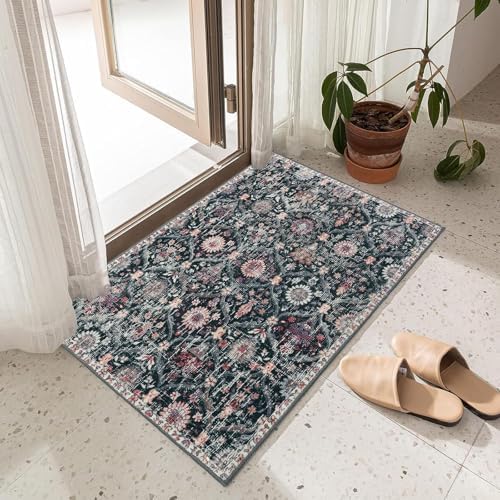 Lahome Moroccan Trellis Washable Rug, 2x3 Entryway Rugs for Kitchen Bathroom, Non-Slip Indoor Door Mat Ultra-Thin, Small Oriental Throw Carpet for Bedroom Entry Elise, Black/Multi - Image 4